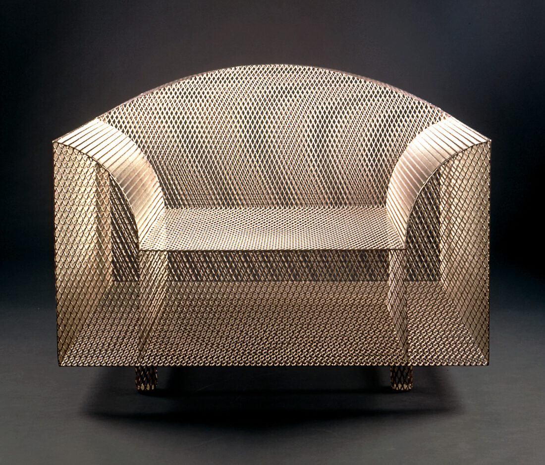 Shiro Kuramata (1934–1991), “Armchair, How High the Moon”, Nickel-plated steel mesh, 1968